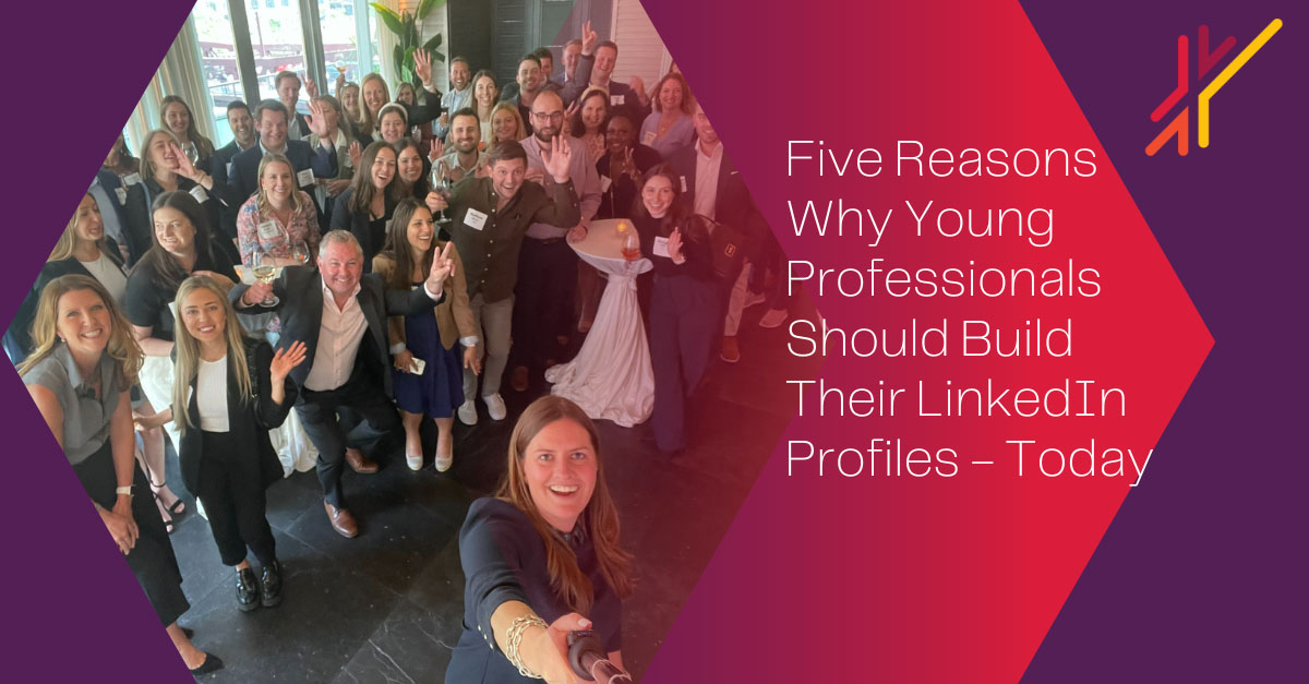 Group of young business professionals posing for a group photo. With text overlay"Five Reasons Why Young Professional Should Build their Linkedin Profiles Today"